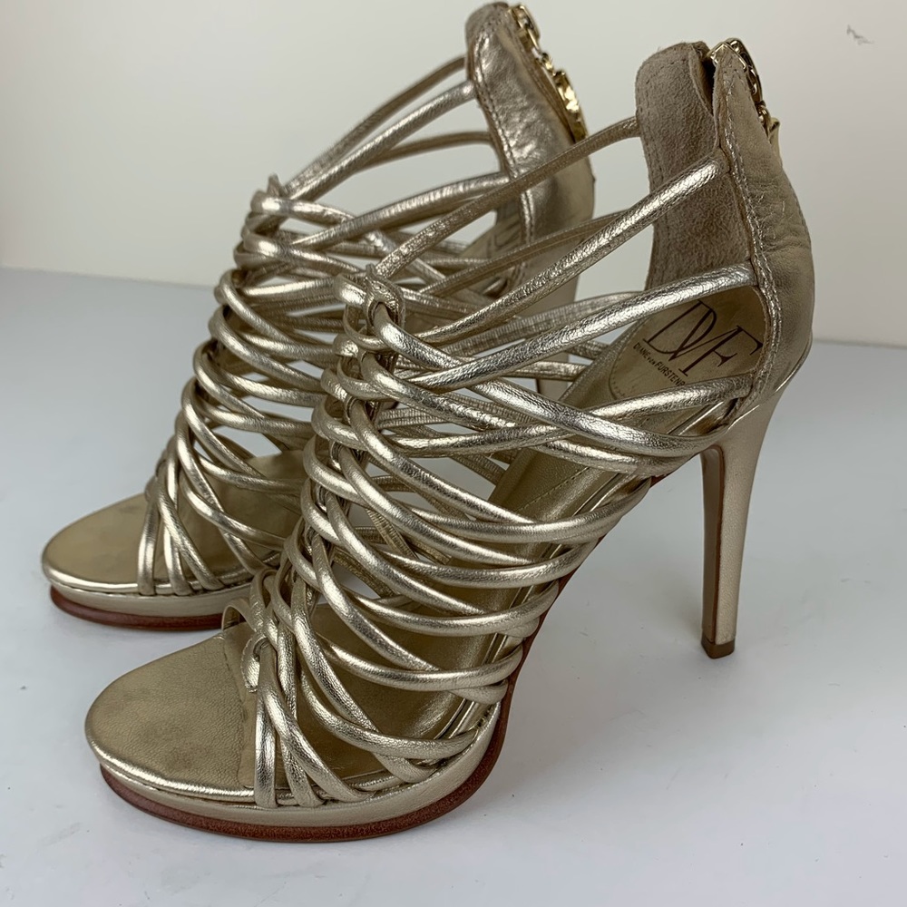 Diane Von Furstenberg Metallic Gold Strappy High Heel Sandals